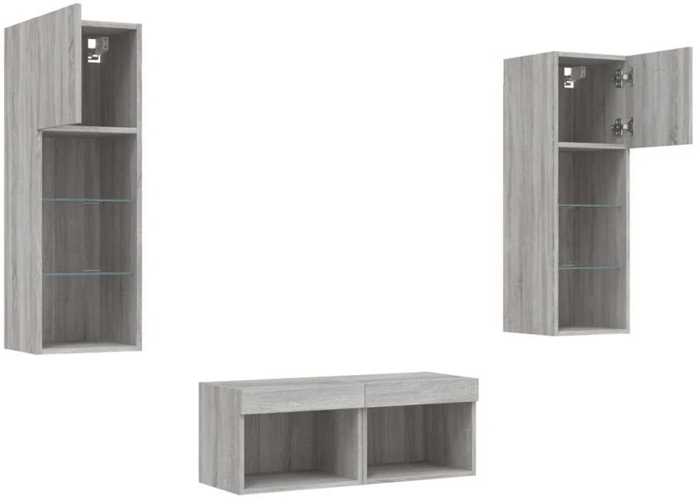 TV staliukas Sieninės TV spintelės su LED lemputėmis, 4 dalių, pilkos ąžuolo