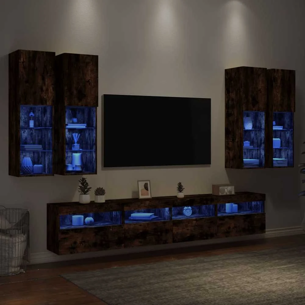 TV staliukas Sieninės TV spintelės su LED lemputėmis, 7vnt., dūminės ąžuolo