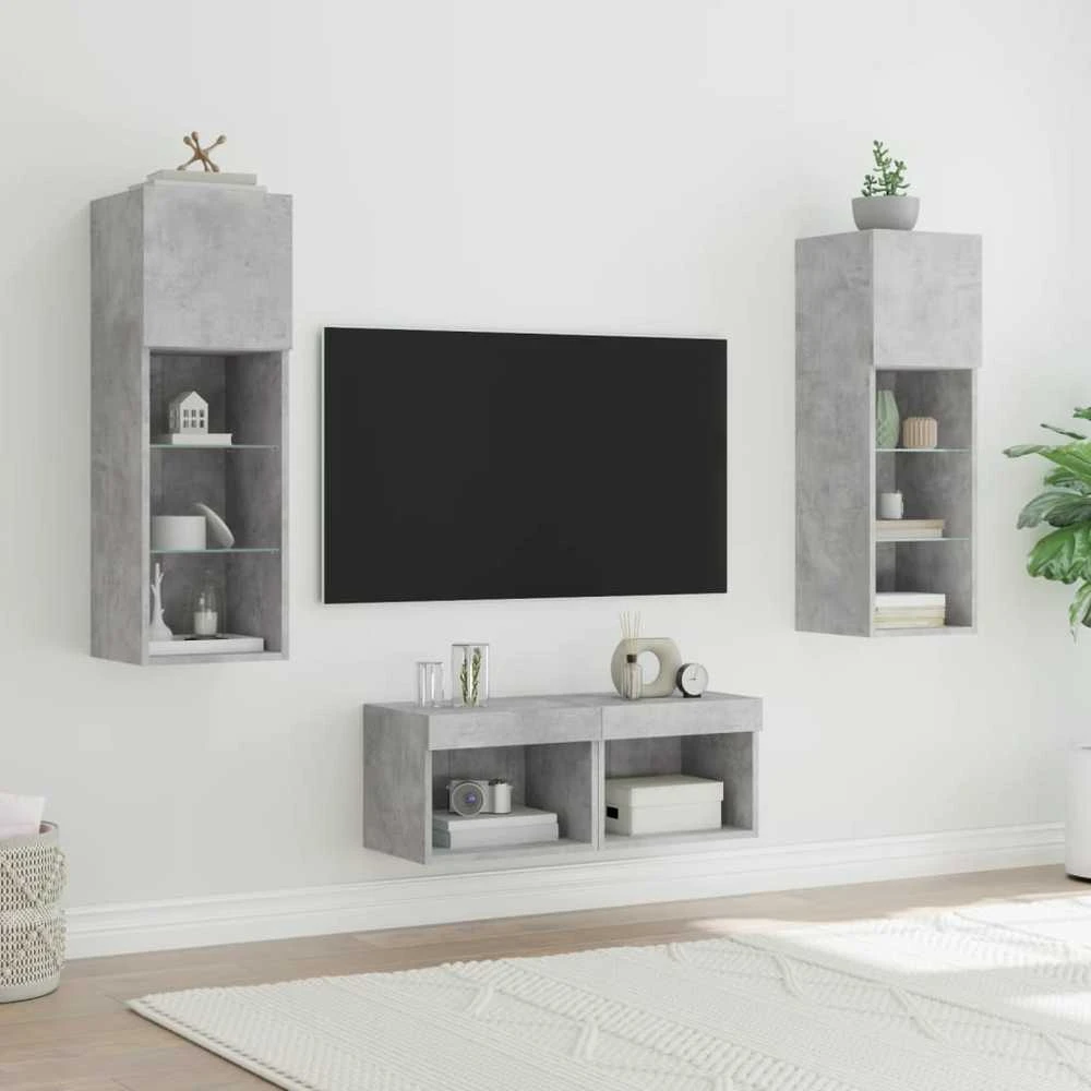 TV staliukas Sieninės TV spintelės su LED lemputėmis, 4 dalių, betono pilkos