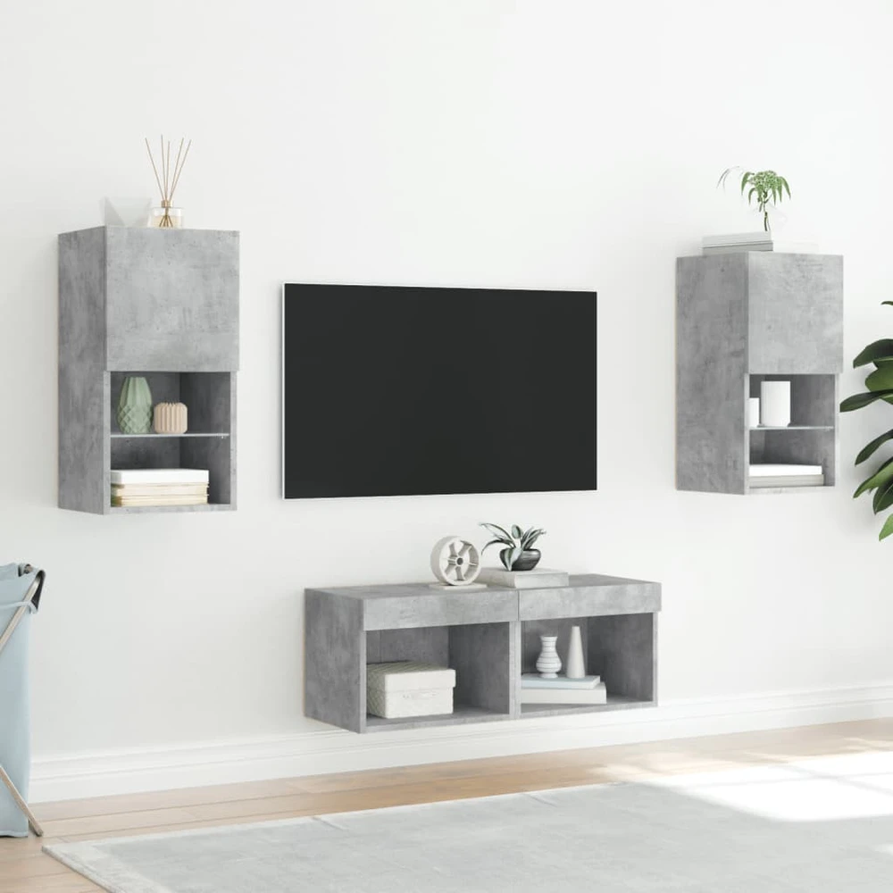TV staliukas Sieninės TV spintelės su LED lemputėmis, 4 dalių, betono pilkos