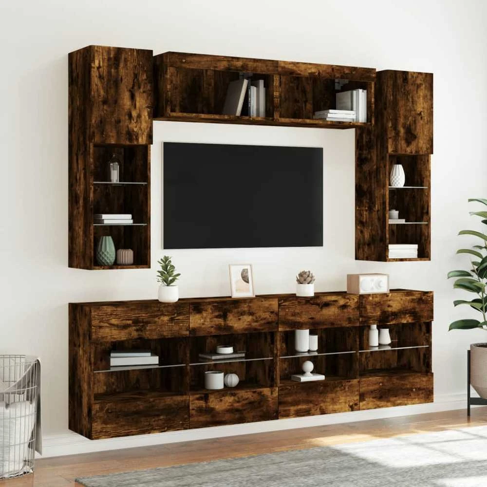TV staliukas Sieninės TV spintelės su LED lemputėmis, 6vnt., dūminės ąžuolo