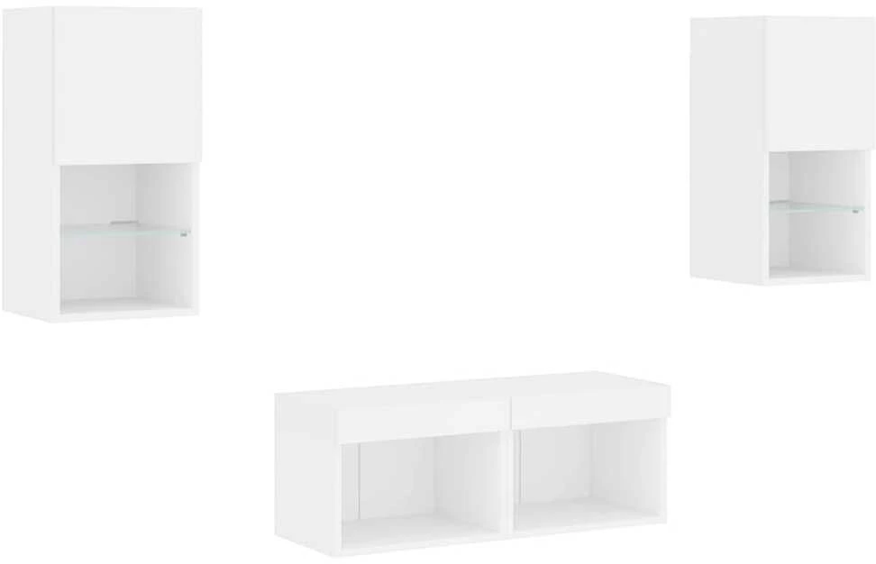 TV staliukas Sieninės TV spintelės su LED lemputėmis, 4 dalių, baltos
