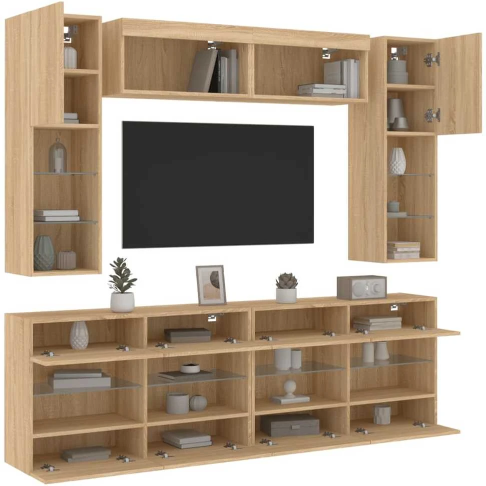 TV staliukas Sieninės TV spintelės su LED lemputėmis, 6vnt., ąžuolo spalvos