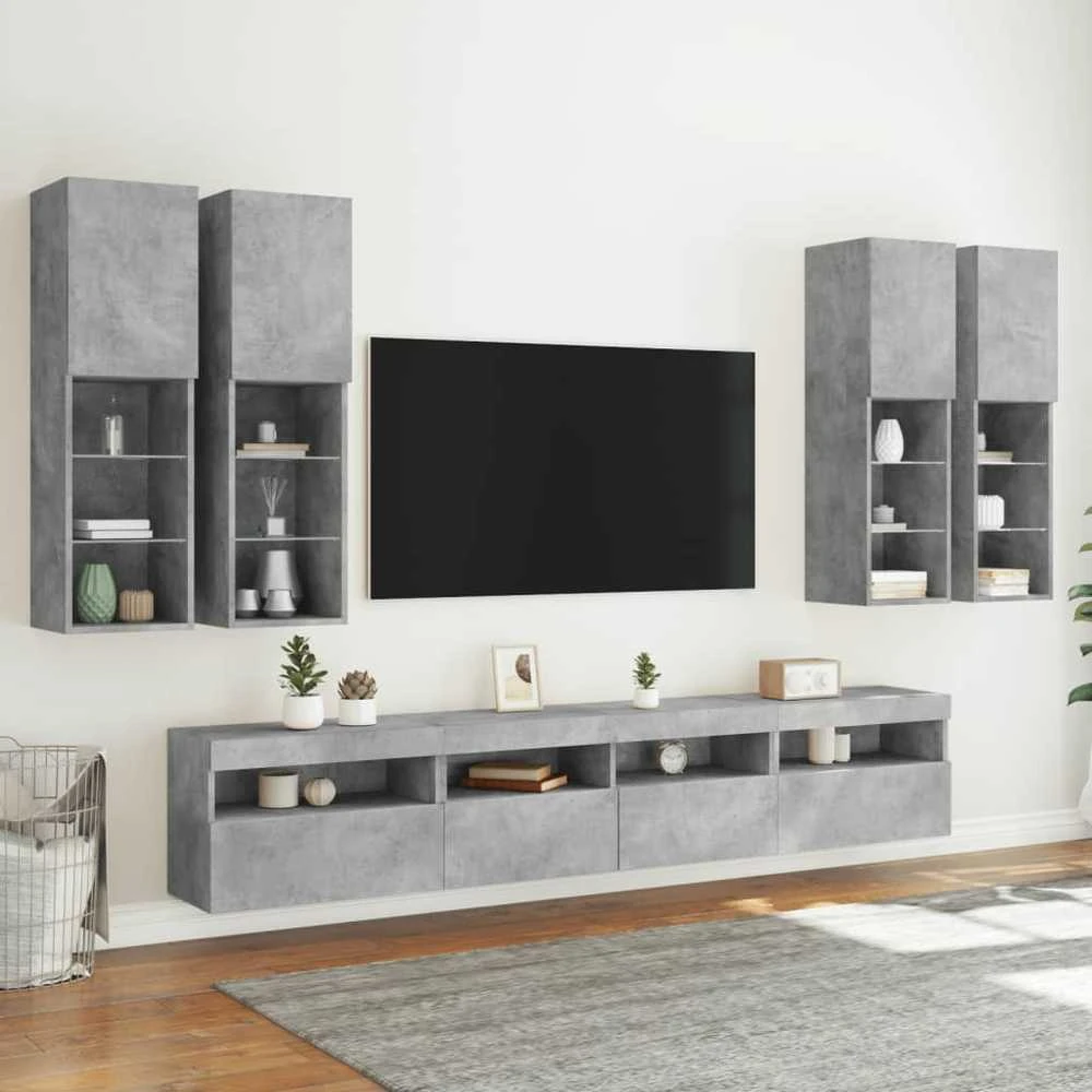 TV staliukas Sieninės TV spintelės su LED lemputėmis, 7vnt., betono pilkos