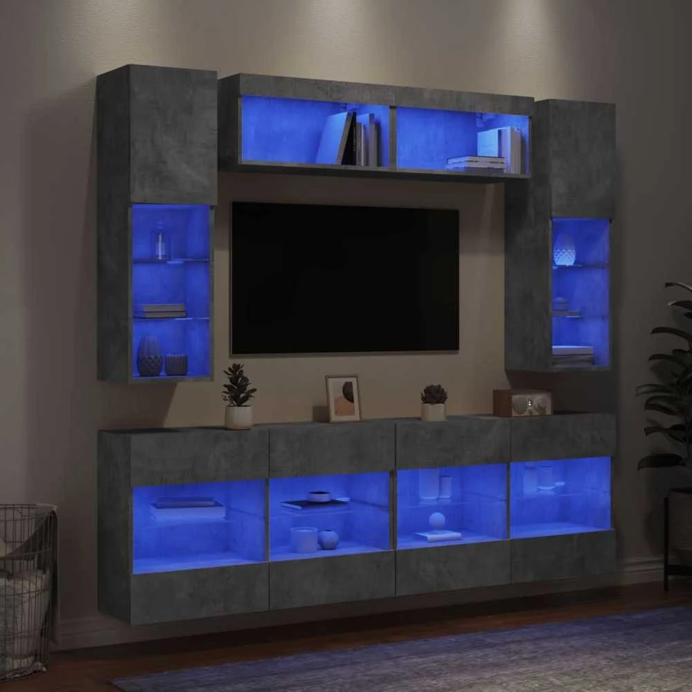 TV staliukas Sieninės TV spintelės su LED lemputėmis, 6vnt., betono pilkos