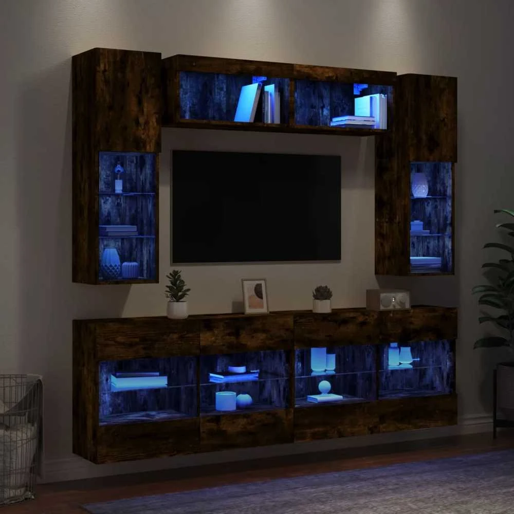 TV staliukas Sieninės TV spintelės su LED lemputėmis, 6vnt., dūminės ąžuolo