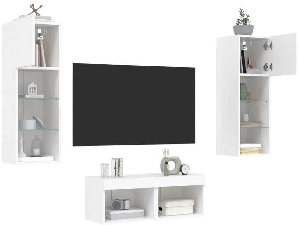 TV staliukas Sieninės TV spintelės su LED lemputėmis, 4 dalių, baltos