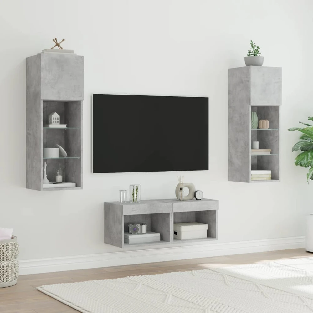 TV staliukas Sieninės TV spintelės su LED lemputėmis, 4 dalių, betono pilkos