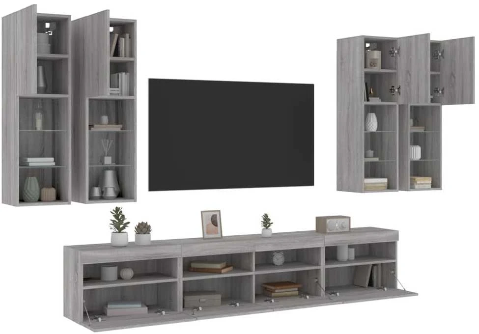 TV staliukas Sieninės TV spintelės su LED lemputėmis, 7vnt., pilkos ąžuolo