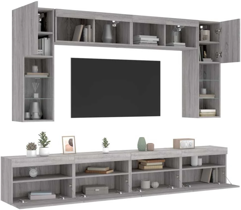 TV staliukas Sieninės TV spintelės su LED lemputėmis, 8vnt., pilkos ąžuolo