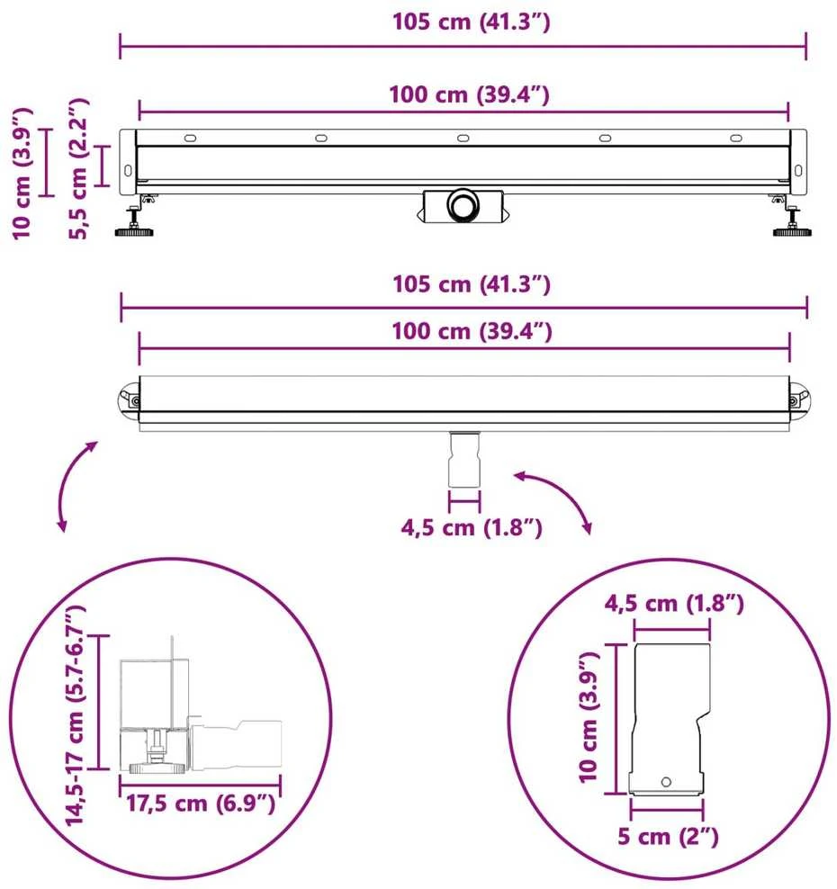 Sieninis dušo drenažas Sidabro 100 cm Nerūdijantis plienas 304