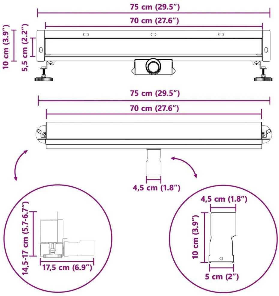 Sieninis dušo drenažas Sidabro 70 cm Nerūdijantis plienas 304