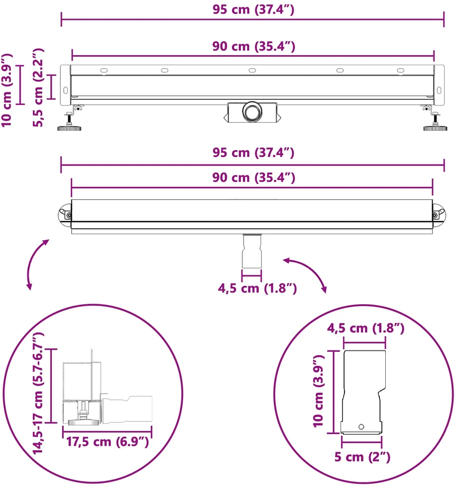 Sieninis dušo drenažas Sidabro 90 cm Nerūdijantis plienas 304