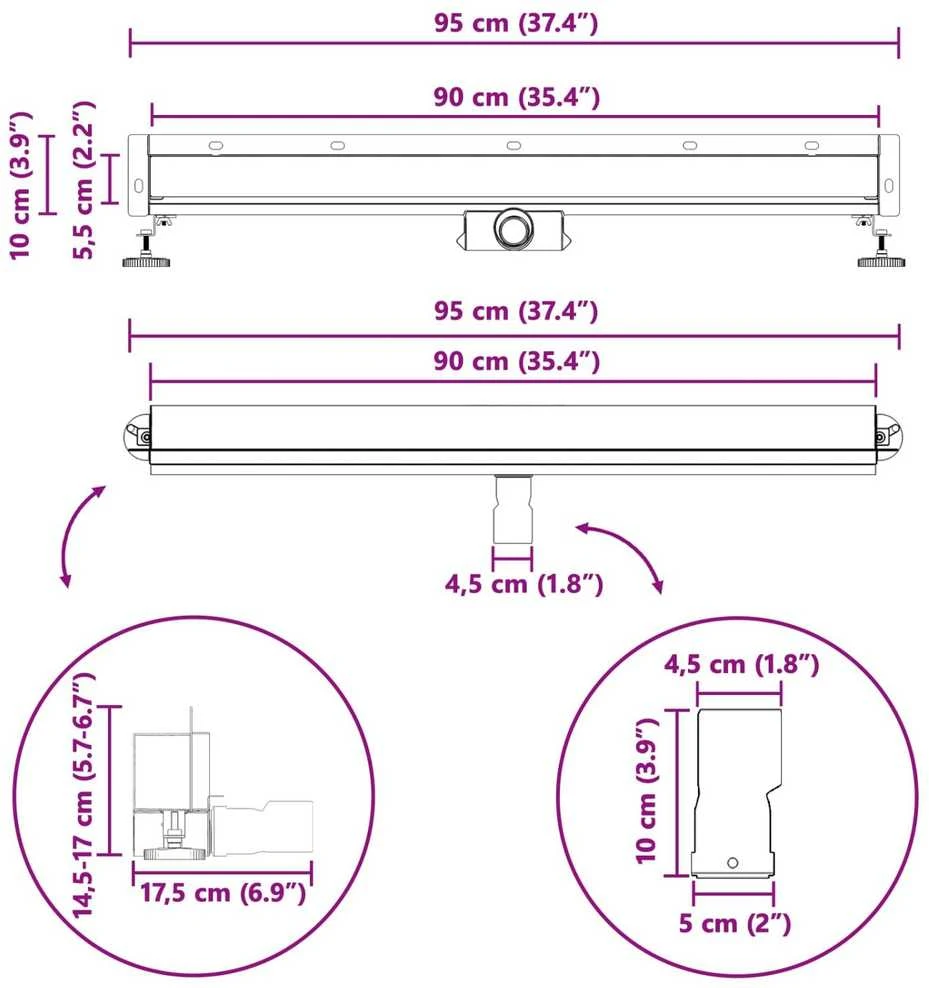 Sieninis dušo drenažas Sidabro 90 cm Nerūdijantis plienas 304