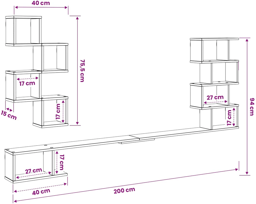 Sieninis televizoriaus stovas Betono pilka 200 x 15 x 94 cm