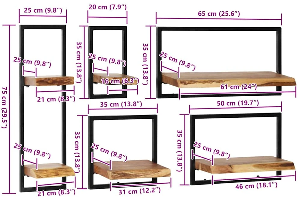 Sieninių lentynų kompl., 5d., masyvi akacijos med. ir plienas