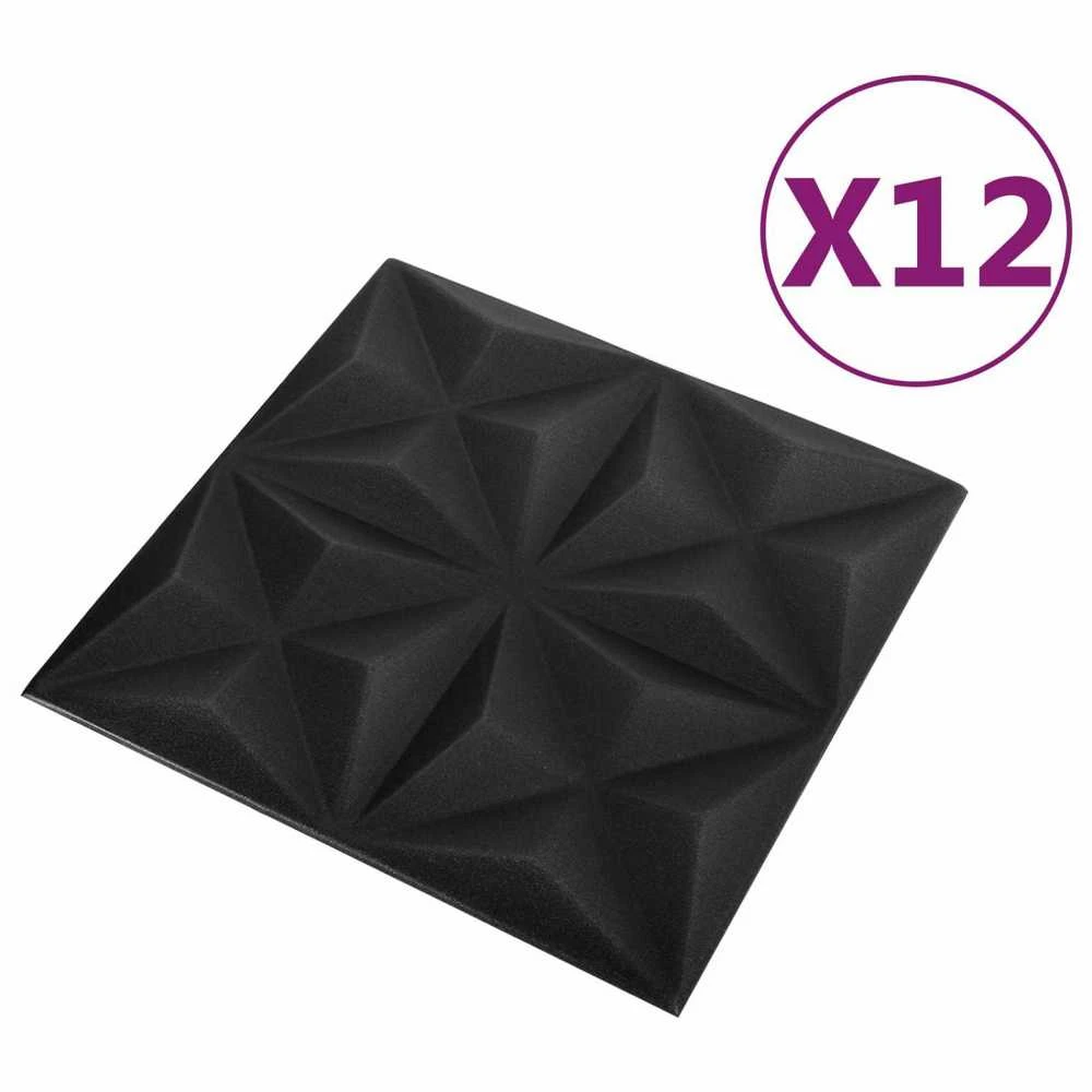 Sienų plokštės 12 vnt. 50 x 50 cm Origami Juodas XPS Putplastis