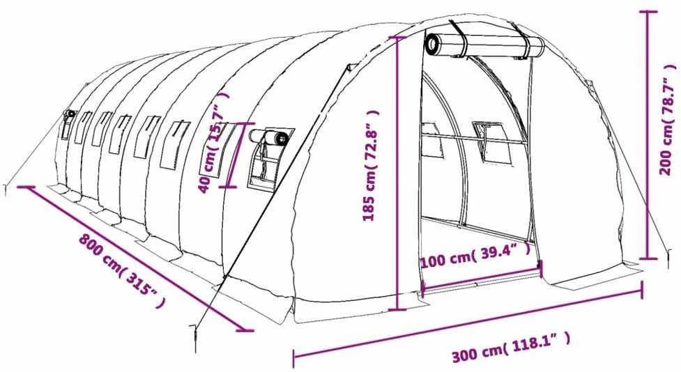 Šiltnamis su plieno rėmu, baltos spalvos, 8x3x2m, 24m²