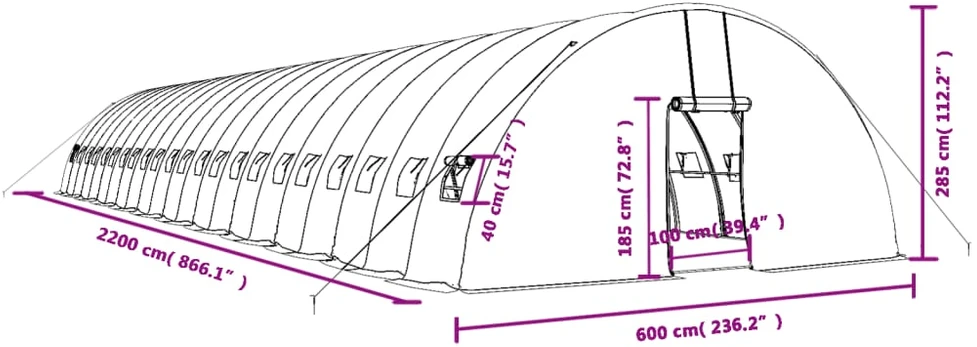 Šiltnamis su plieno rėmu, baltos spalvos, 22x6x2,85m, 132m²