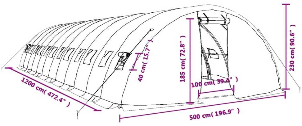 Šiltnamis su plieno rėmu, baltos spalvos, 12x5x2,3m, 60m²