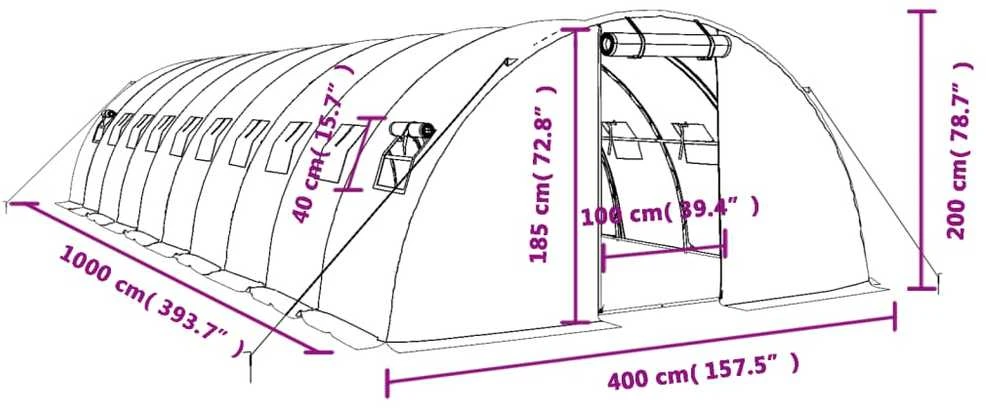 Šiltnamis su plieno rėmu, baltos spalvos, 10x4x2m, 40m²