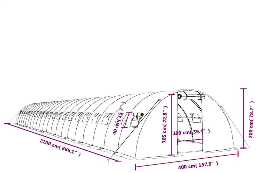 Šiltnamis su plieno rėmu, žalios spalvos, 22x4x2m, 88m²