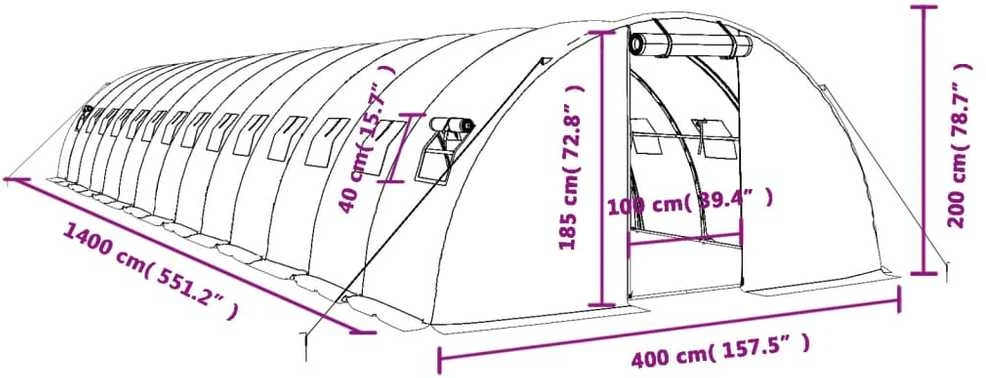 Šiltnamis su plieno rėmu, žalios spalvos, 14x4x2m, 56m²