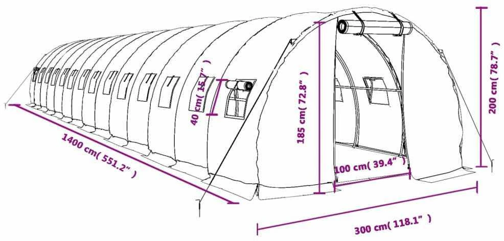 Šiltnamis su plieno rėmu, žalios spalvos, 14x3x2m, 42m²