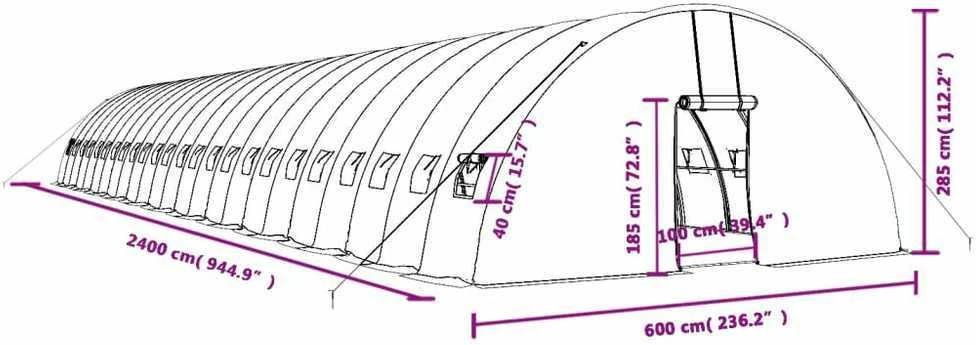 Šiltnamis su plieno rėmu, žalios spalvos, 24x6x2,85m, 144m²