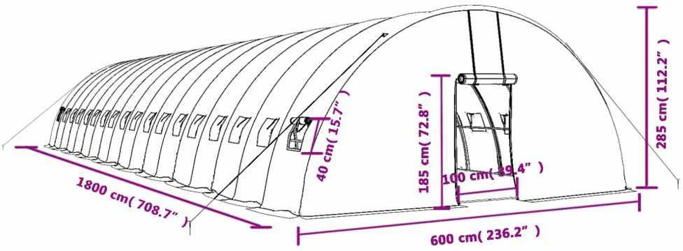 Šiltnamis su plieno rėmu, žalios spalvos, 18x6x2,85m, 108m²