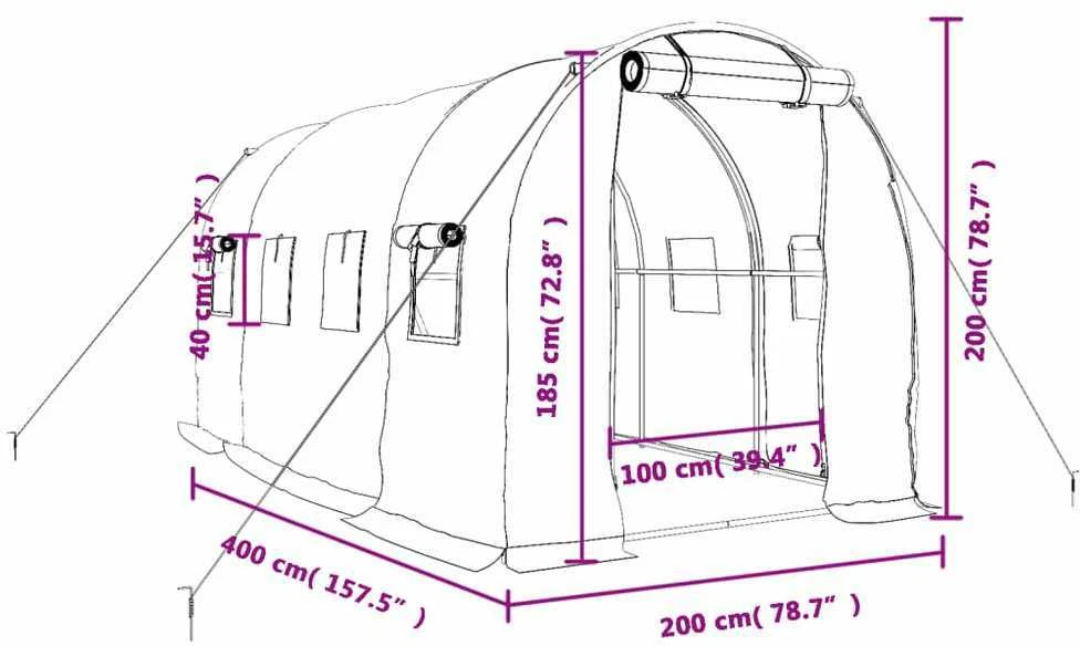 Šiltnamis su plieno rėmu, žalios spalvos, 4x2x2m, 8m²