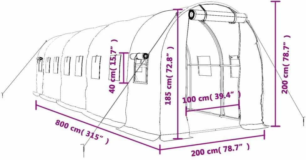 Šiltnamis su plieno rėmu, žalios spalvos, 8x2x2m, 16m²