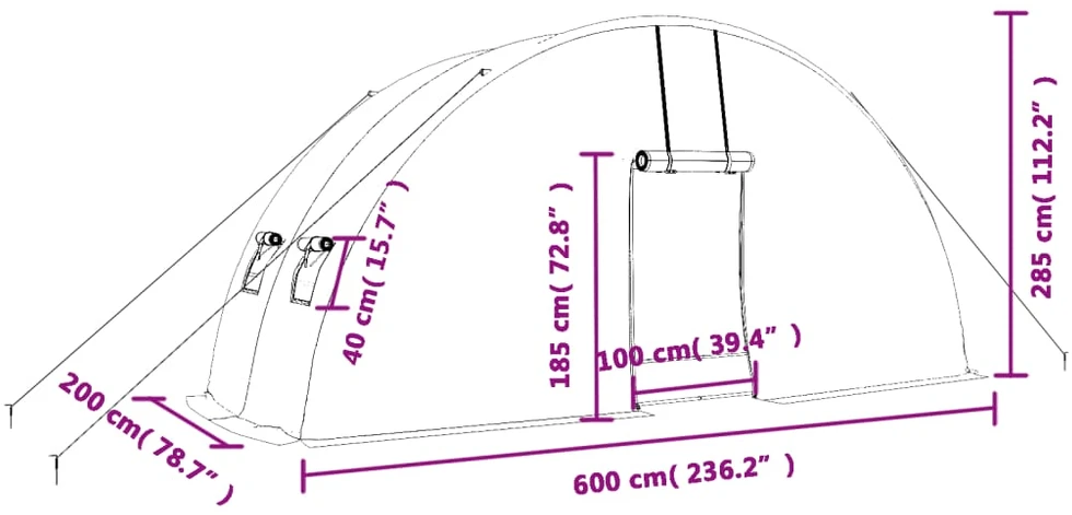 Šiltnamis su plieno rėmu, žalios spalvos, 6x2x2,85m, 12m²