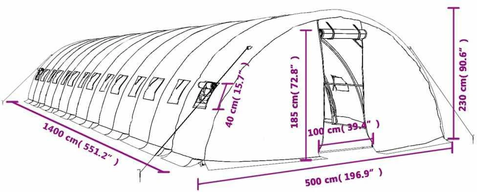 Šiltnamis su plieno rėmu, žalios spalvos, 14x5x2,3m, 70m²