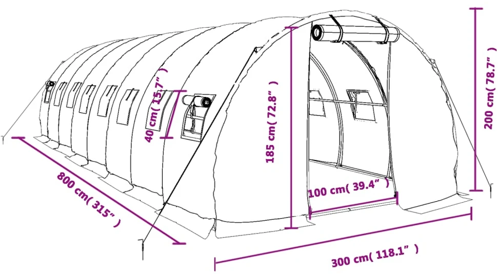 Šiltnamis su plieno rėmu, žalios spalvos, 8x3x2m, 24m²