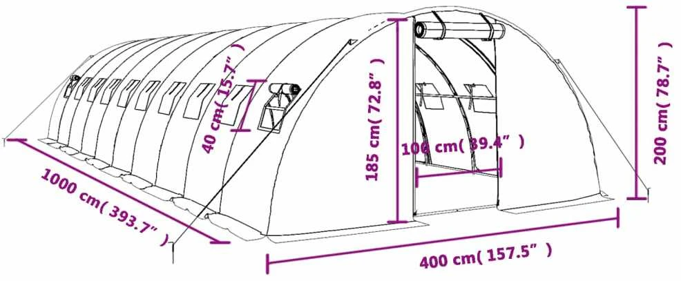 Šiltnamis su plieno rėmu, žalios spalvos, 10x4x2m, 40m²
