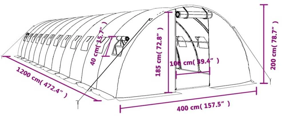 Šiltnamis su plieno rėmu, žalios spalvos, 12x4x2m, 48m²