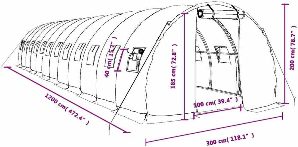 Šiltnamis su plieno rėmu, žalios spalvos, 12x3x2m, 36m²