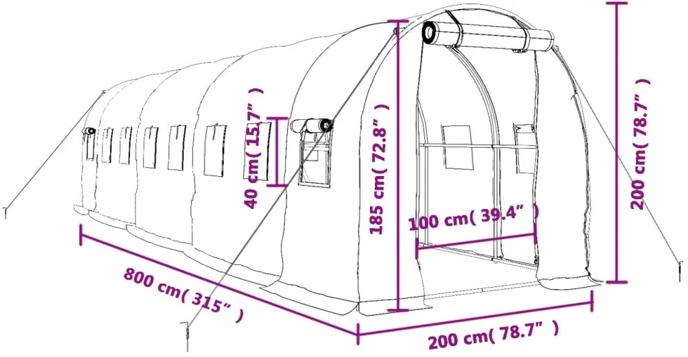 Šiltnamis su plieno rėmu, žalios spalvos, 8x2x2m, 16m²
