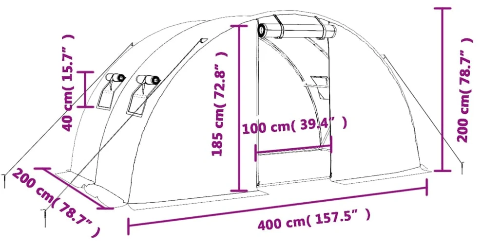Šiltnamis su plieno rėmu, žalios spalvos, 4x2x2m, 8m²