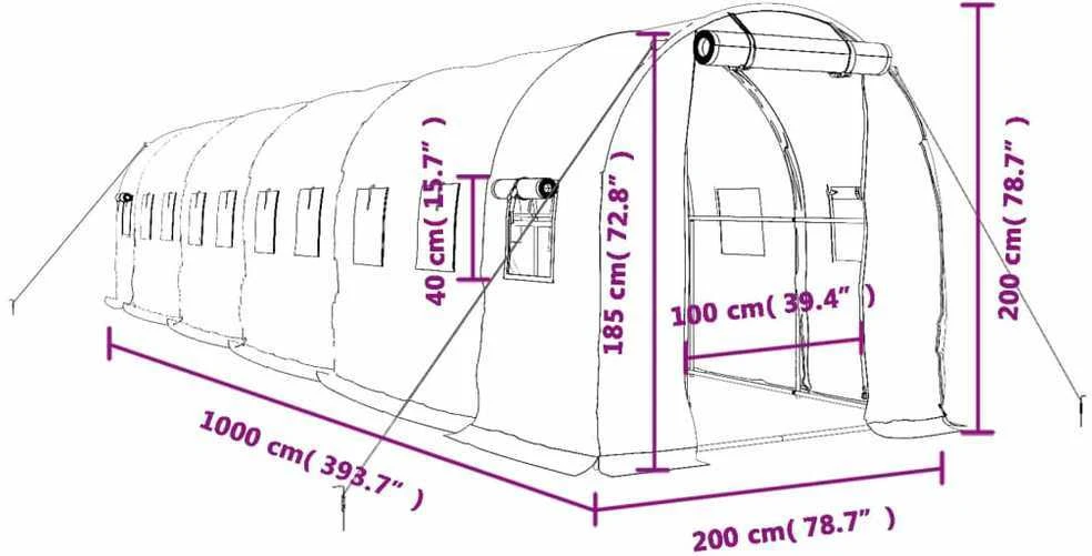 Šiltnamis su plieno rėmu, žalios spalvos, 10x2x2m, 20m²