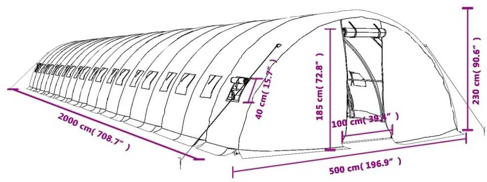 Šiltnamis su plieno rėmu, žalios spalvos, 20x5x2,3m, 100m²