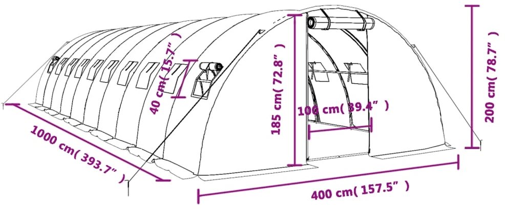 Šiltnamis su plieno rėmu, žalios spalvos, 10x4x2m, 40m²