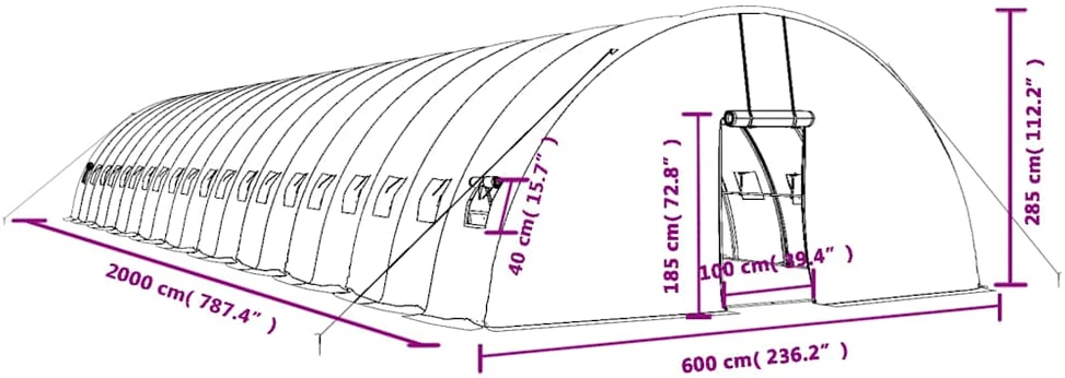Šiltnamis su plieno rėmu, žalios spalvos, 20x6x2,85m, 120m²