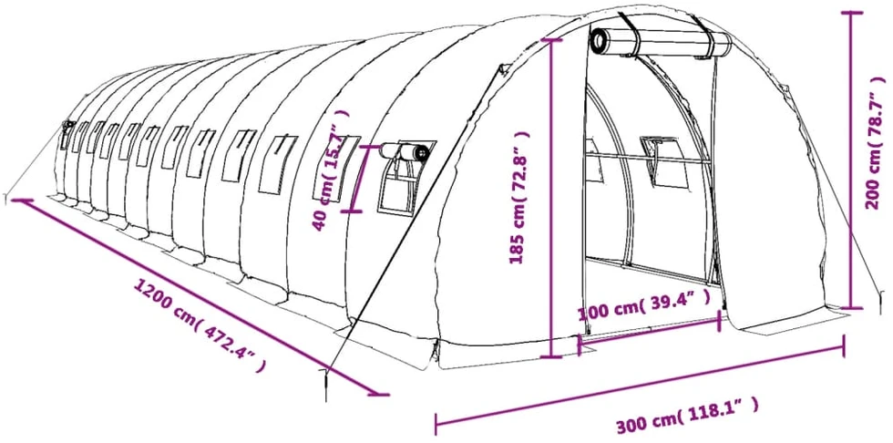 Šiltnamis su plieno rėmu, žalios spalvos, 12x3x2m, 36m²