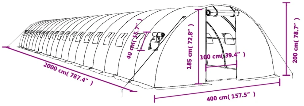 Šiltnamis su plieno rėmu, žalios spalvos, 20x4x2m, 80m²