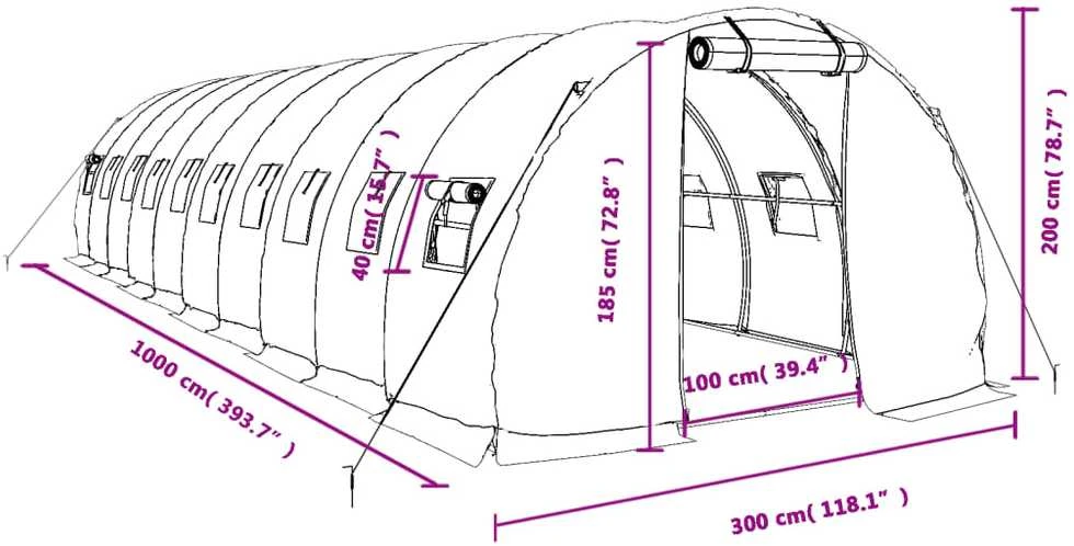 Šiltnamis su plieno rėmu, žalios spalvos, 10x3x2m, 30m²