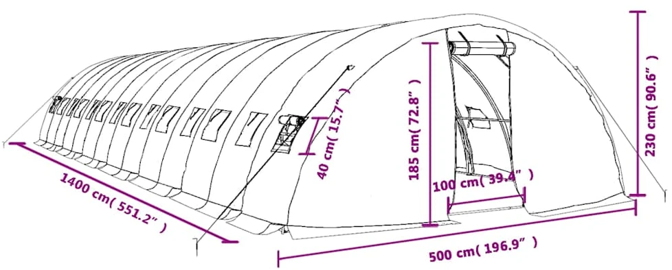 Šiltnamis su plieno rėmu, žalios spalvos, 14x5x2,3m, 70m²