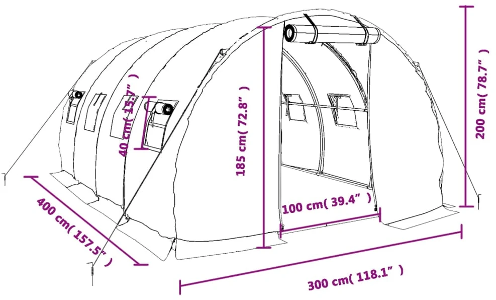 Šiltnamis su plieno rėmu, žalios spalvos, 4x3x2m, 12m²
