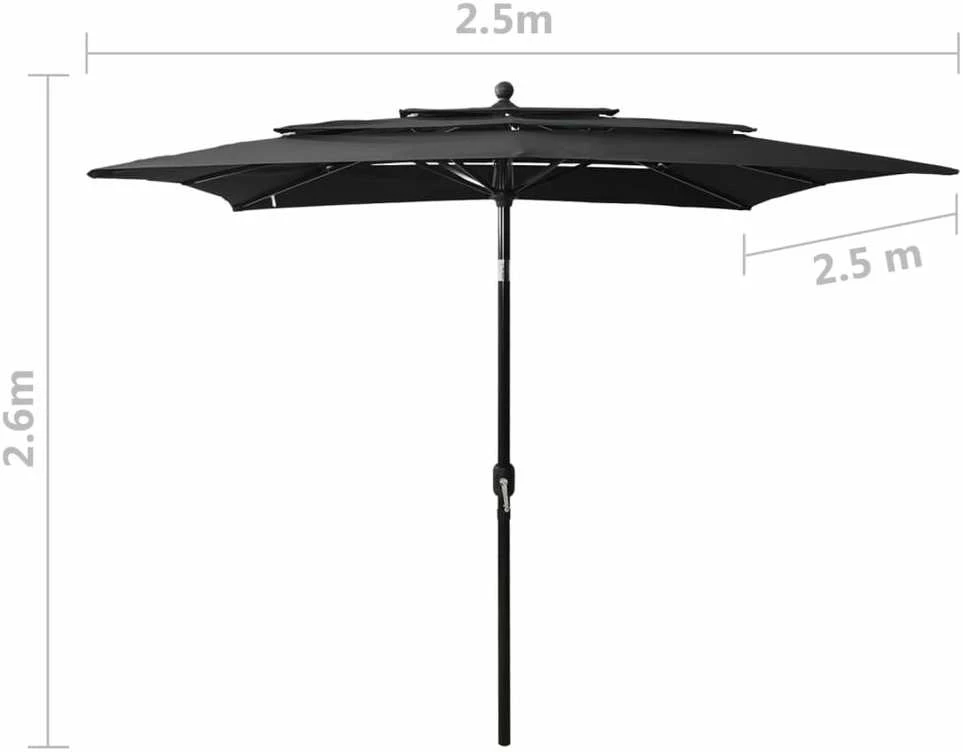 Sodo skėtis su aliuminio stulpu, juodas, 2,5x2,5m, 3 aukščių